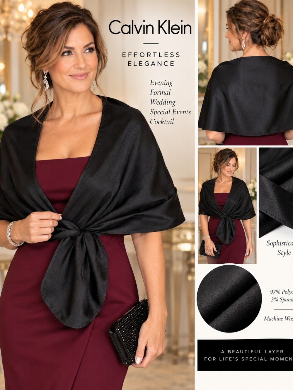Calvin Klein Women XL Black Wrap Shawl Cape Shrug Stretch Evening Formal